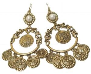 Mia Collection Pearl Gold Tone Ornate Dangling Coin Disc Chandelier Earrings